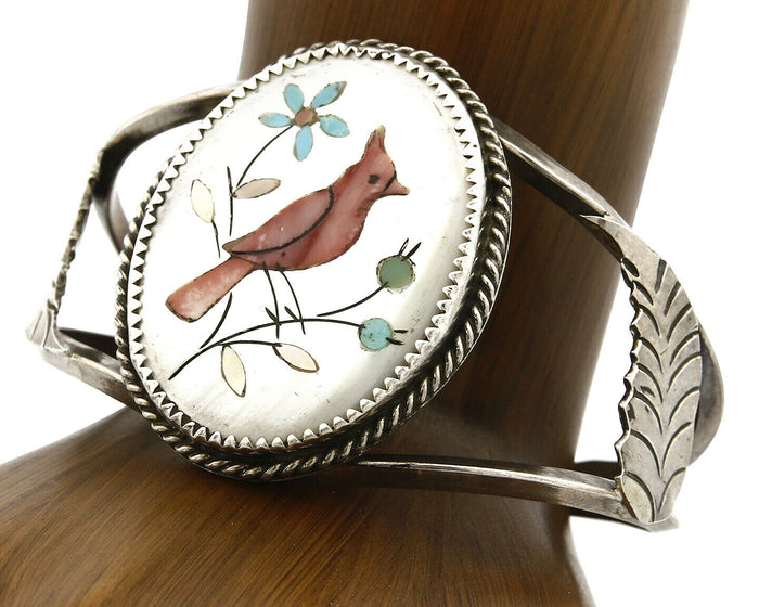 Navajo Natural Gemstone Bracelet 925 Silver Artist Native American Inlaid C.1975