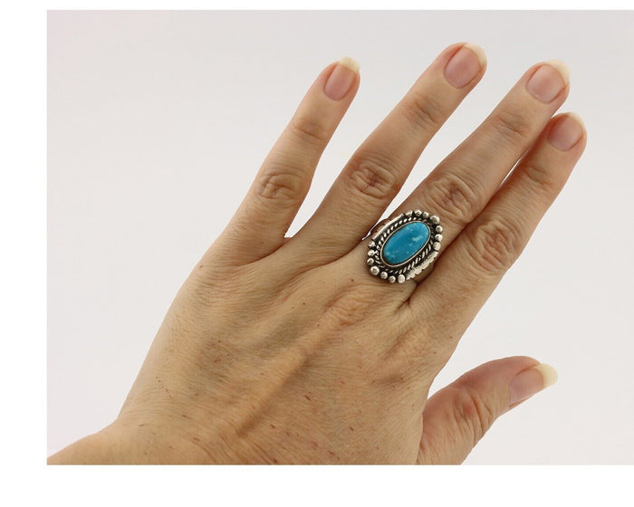 Navajo Ring 925 Silver Blue Gem Turquoise Artist Signed RR C.80's