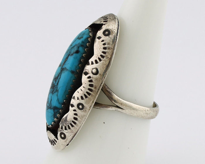 Navajo Ring 925 Silver Blue Spiderweb Turquoise Native American Artist C.80's