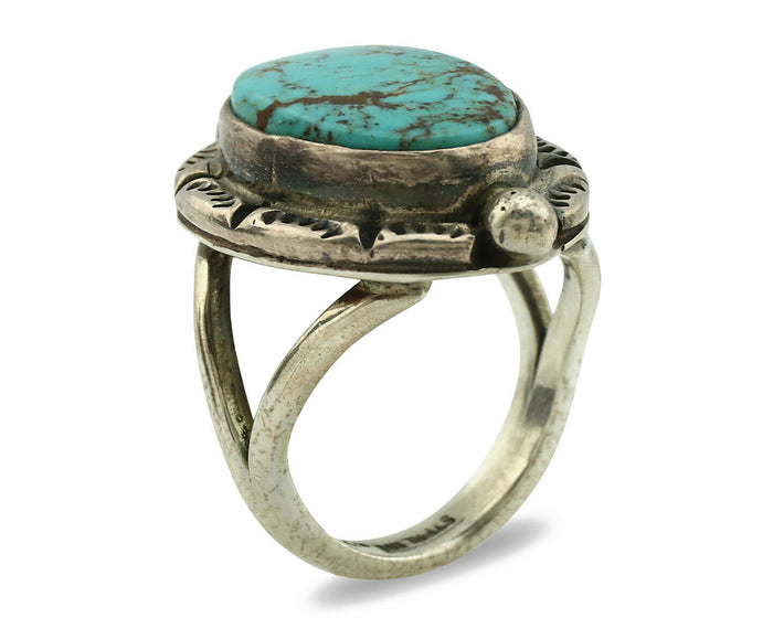 Navajo Ring .925 Silver Blue Spiderweb Turquoise Signed Gecko C.1980's
