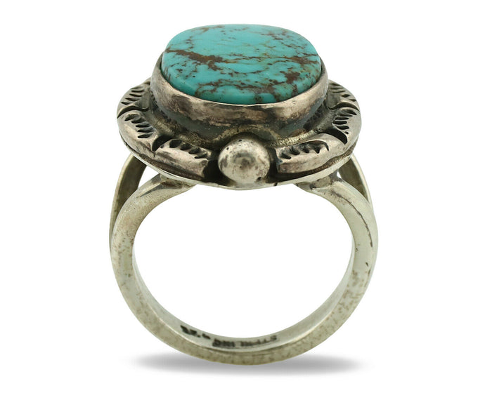 Navajo Ring .925 Silver Blue Spiderweb Turquoise Signed Gecko C.1980's
