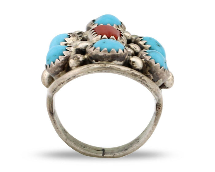 Navajo Ring 925 Silver Blue Turquiose & Coral Artist Signed Elgin Haskey C.80's