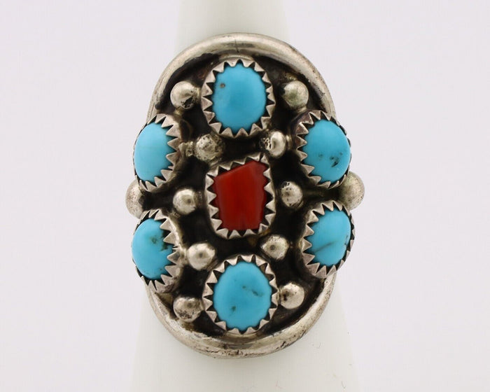 Navajo Ring 925 Silver Blue Turquiose & Coral Artist Signed Elgin Haskey C.80's