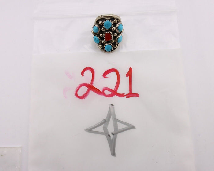Navajo Ring 925 Silver Blue Turquiose & Coral Artist Signed Elgin Haskey C.80's
