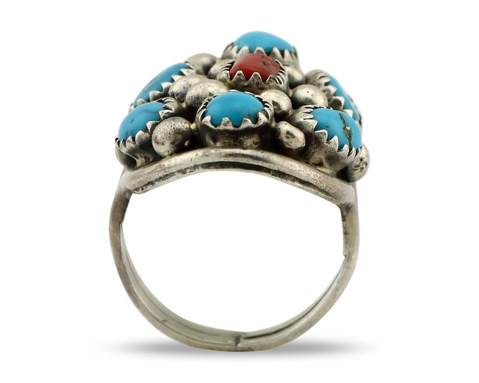 Navajo Ring 925 Silver Blue Turquiose & Coral Artist Signed Elgin Hoskey C.80's