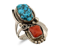 Navajo Ring 925 Silver Blue Turquiose & Coral Artist Signed Justin Morris C.80's
