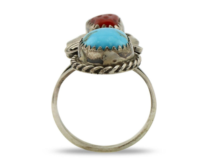 Navajo Ring 925 Silver Blue Turquiose & Coral Artist Signed Justin Morris C.80's
