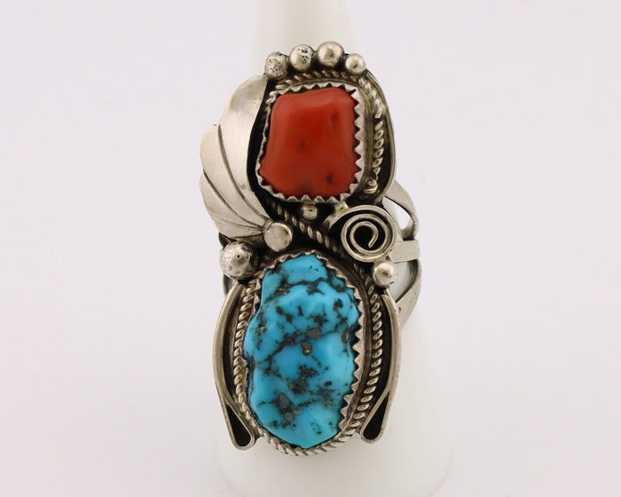 Navajo Ring 925 Silver Blue Turquiose & Coral Artist Signed Justin Morris C.80's