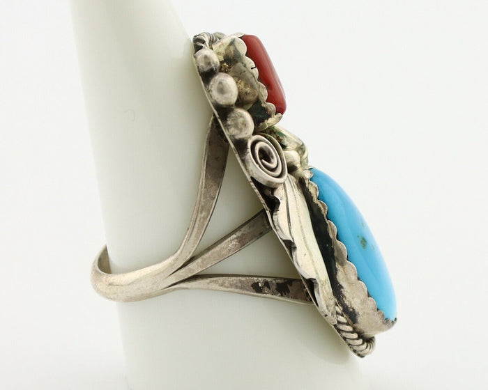 Navajo Ring 925 Silver Blue Turquiose & Coral Artist Signed Justin Morris C.80's
