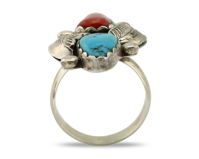 Navajo Ring 925 Silver Blue Turquiose & Mediterranean Coral Native Artist C.80's