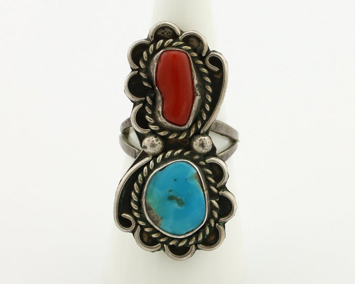 Navajo Ring 925 Silver Blue Turquiose & Mediterranean Coral Native Artist C.80's