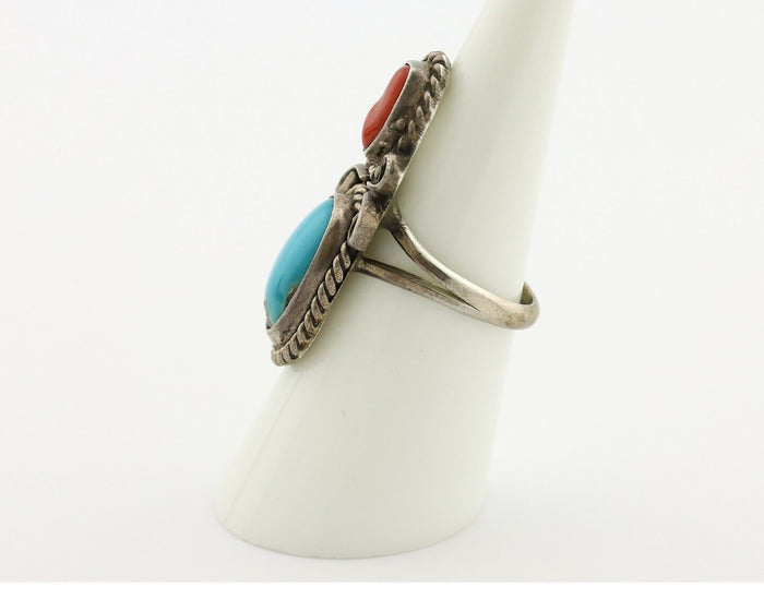 Navajo Ring 925 Silver Blue Turquiose & Mediterranean Coral Native Artist C.80's