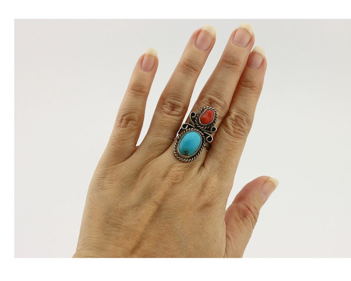 Navajo Ring 925 Silver Blue Turquiose & Mediterranean Coral Native Artist C.80's