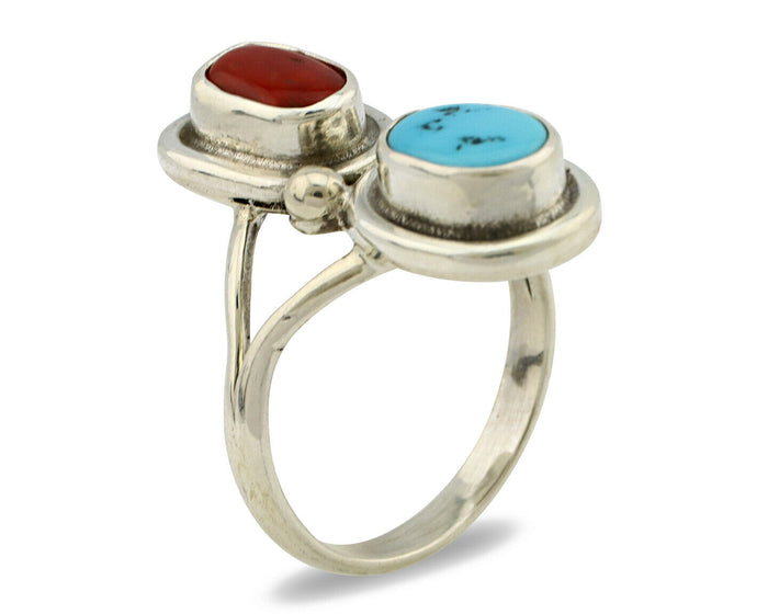 Navajo Ring .925 Silver Blue Turquoise & Red Coral Native American Artist C.80's