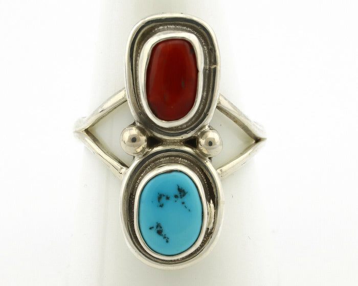 Navajo Ring .925 Silver Blue Turquoise & Red Coral Native American Artist C.80's