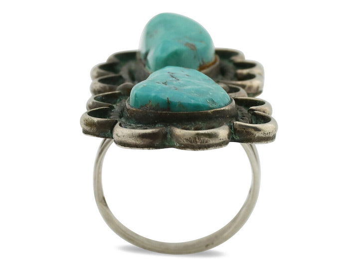 Navajo Ring .925 Silver Globe Turquoise Hand Stamped Native American Artist C80s