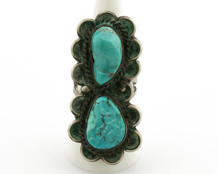Navajo Ring .925 Silver Globe Turquoise Hand Stamped Native American Artist C80s
