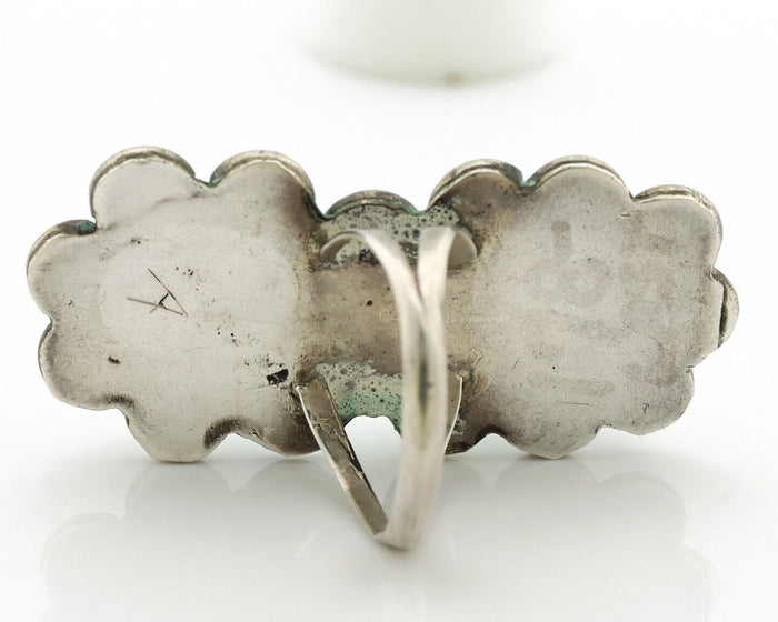 Navajo Ring .925 Silver Globe Turquoise Hand Stamped Native American Artist C80s