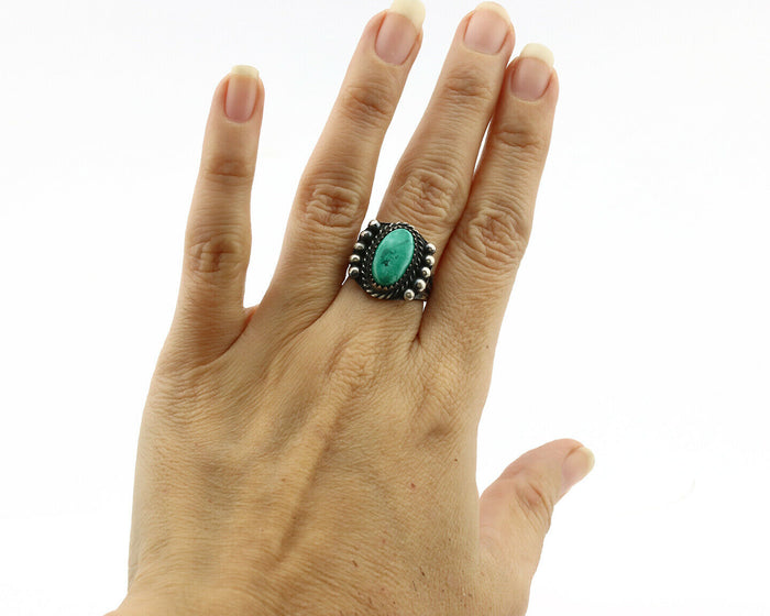 Navajo Ring .925 Silver Green Turquoise Signed Artist FA C.1980's