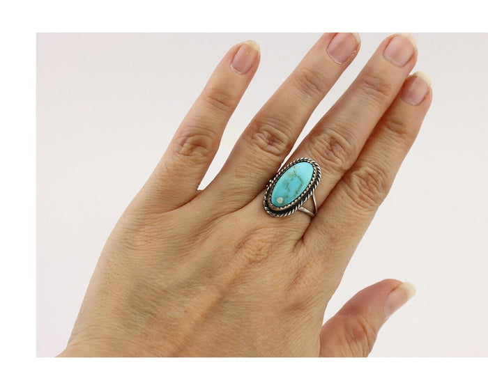 Navajo Ring 925 Silver Kingman Turquoise Native American Artist C.80's