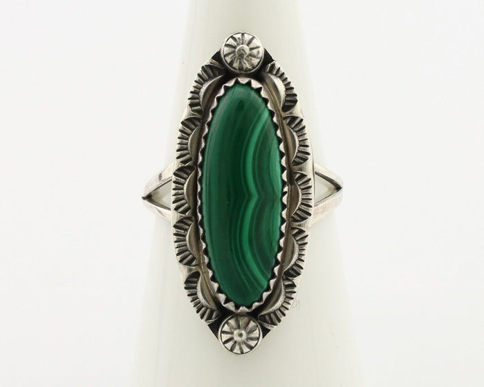 Navajo Ring .925 Silver Malachite Hand Stamped Signed Herman Lee C.80's