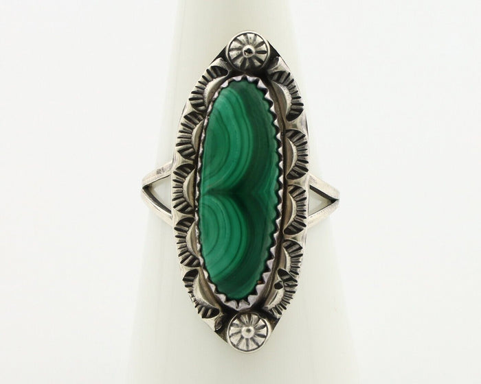 Navajo Ring .925 Silver Malachite Hand Stamped Signed Herman Lee C.80's