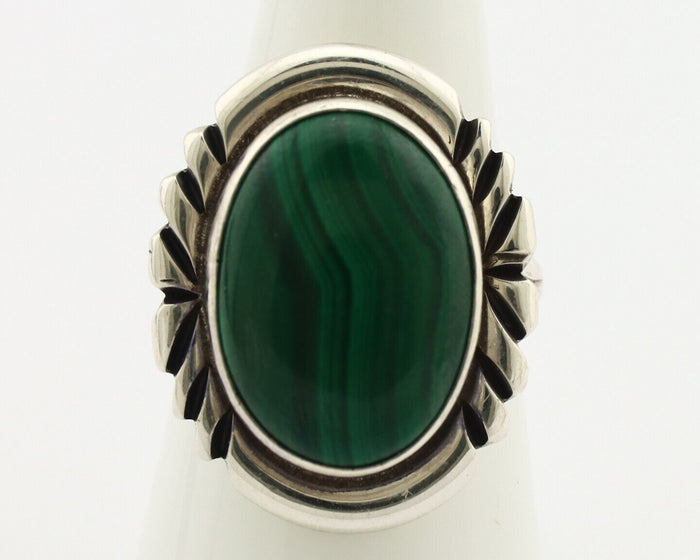 Navajo Ring 925 Silver Malachite Hand Stamped Signed NAKAI C.80's