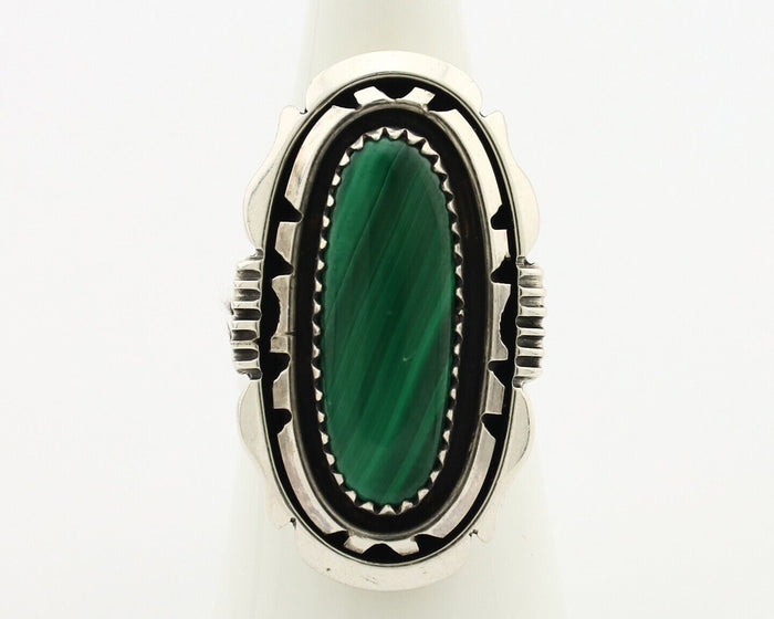 Navajo Ring .925 Silver Malachite Hand Stamped Signed William Denetdale C.80's