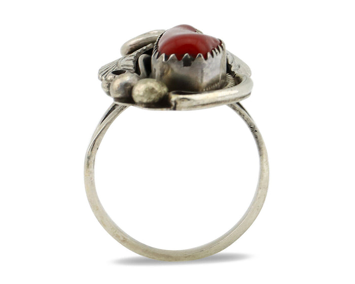 Navajo Ring 925 Silver Mediterranean Coral Artist Signed Justin Morris C.80's