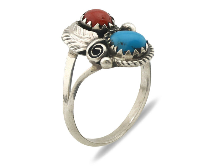 Navajo Ring .925 Silver Morenci Turquoise & Coral Native Artist Signed JM C.80's