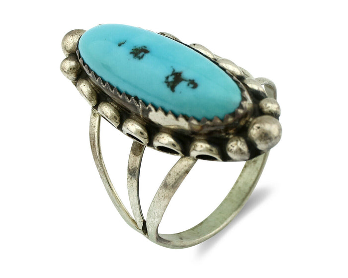 Navajo Ring .925 Silver Natural Blue Turquoise Artist Signed SC C.80's