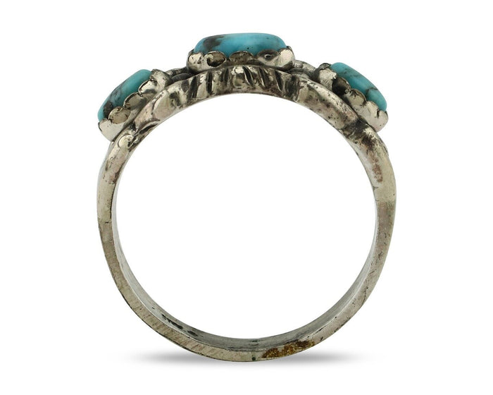 Navajo Ring .925 Silver Natural Blue Turquoise Artist Signed Sun Bell C.80's