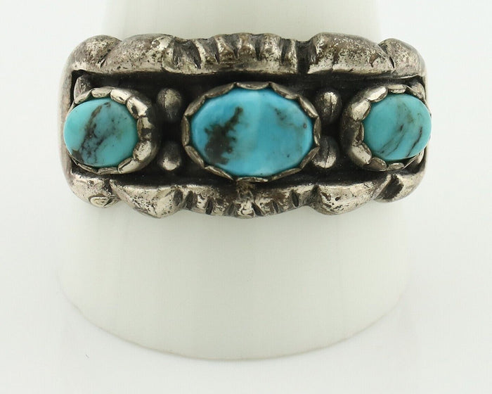 Navajo Ring .925 Silver Natural Blue Turquoise Artist Signed Sun Bell C.80's