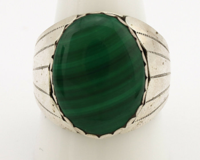 Navajo Ring .925 Silver Natural Green Malachite Artist Signed DL C.1980's