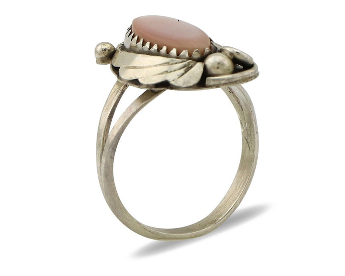 Navajo Ring .925 Silver Natural Pink Mussel Artist Signed Justin Morris C.80's