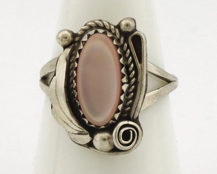 Navajo Ring .925 Silver Natural Pink Mussel Artist Signed Justin Morris C.80's