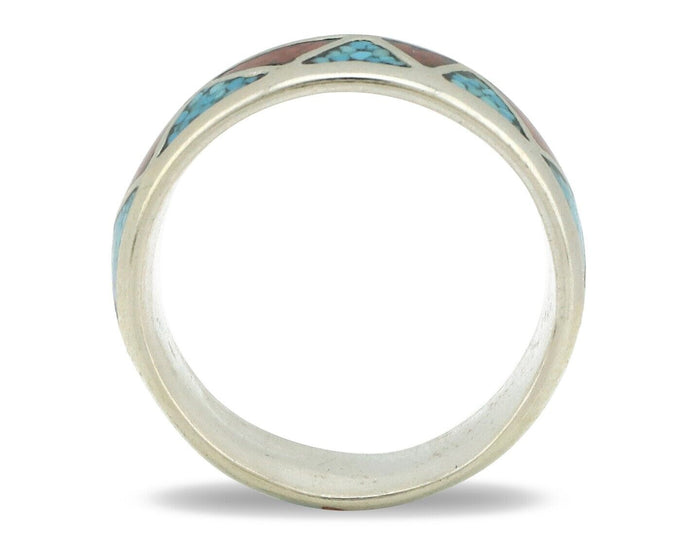 Navajo Ring 925 Silver Natural Turquoise & Coral Native American Artist C.80's