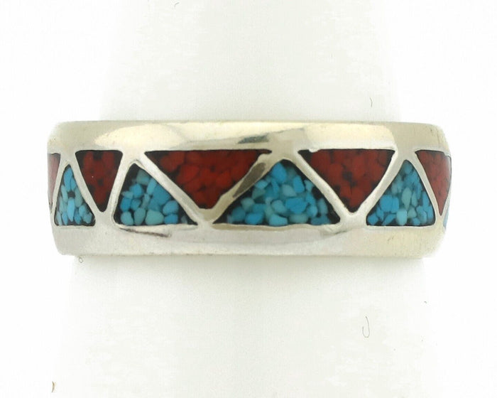 Navajo Ring 925 Silver Natural Turquoise & Coral Native American Artist C.80's