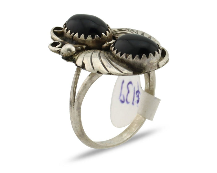 Navajo Ring 925 Silver Onyx Hand Stamped Artist Signed Tom Willeto C.80's
