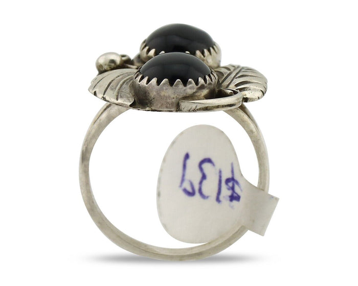 Navajo Ring 925 Silver Onyx Hand Stamped Artist Signed Tom Willeto C.80's