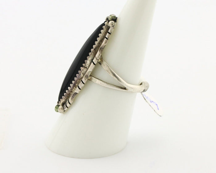 Navajo Ring 925 Silver Onyx Hand Stamped Native American Artist C.80's