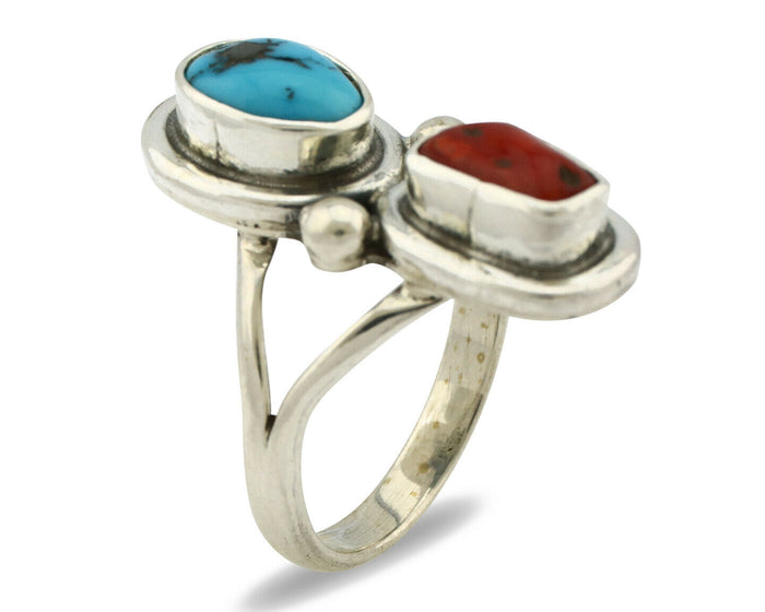 Navajo Ring .925 Silver Red Coral & Blue Turquoise Native Artist C.80's