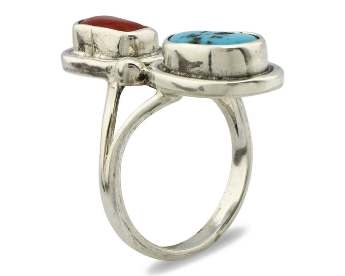 Navajo Ring .925 Silver Red Coral & Blue Turquoise Native Artist C.80's