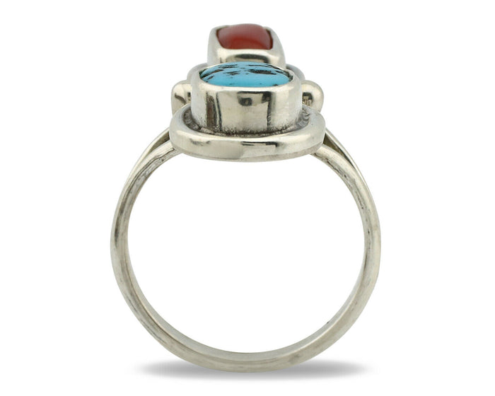 Navajo Ring .925 Silver Red Coral & Blue Turquoise Native Artist C.80's