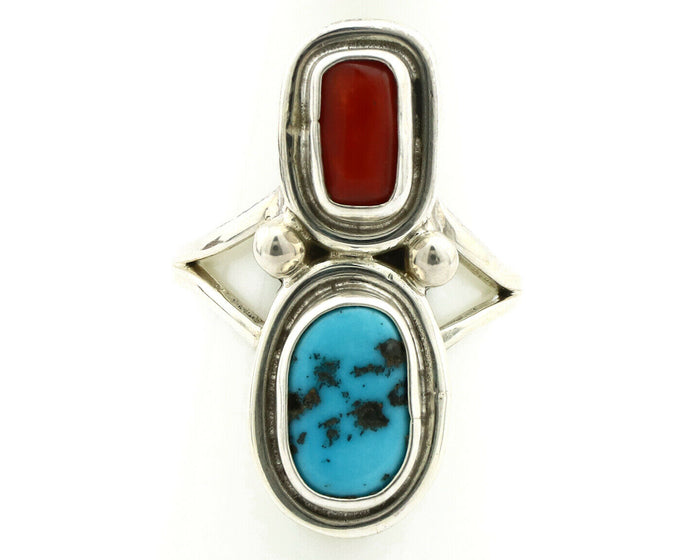 Navajo Ring .925 Silver Red Coral & Blue Turquoise Native Artist C.80's