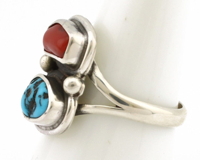 Navajo Ring 925 Silver SB Turquoise & Red Coral Native American Artist C.80s 312