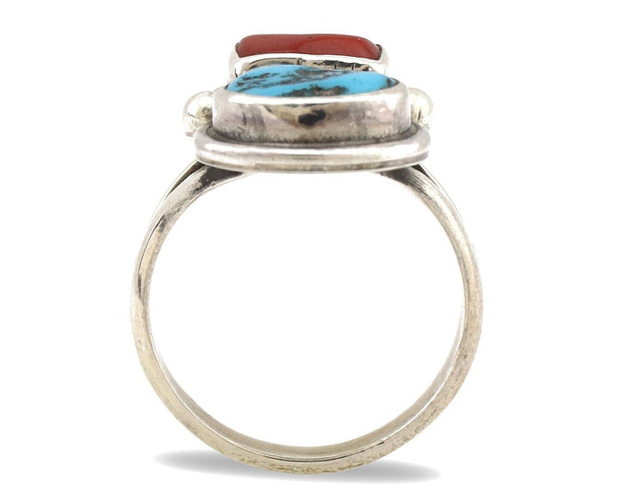 Navajo Ring 925 Silver SB Turquoise & Red Coral Native American Artist C.80s