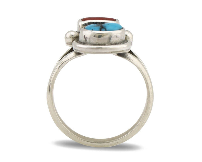 Navajo Ring 925 Silver SB Turquoise & Red Coral Native American Artist C.80s