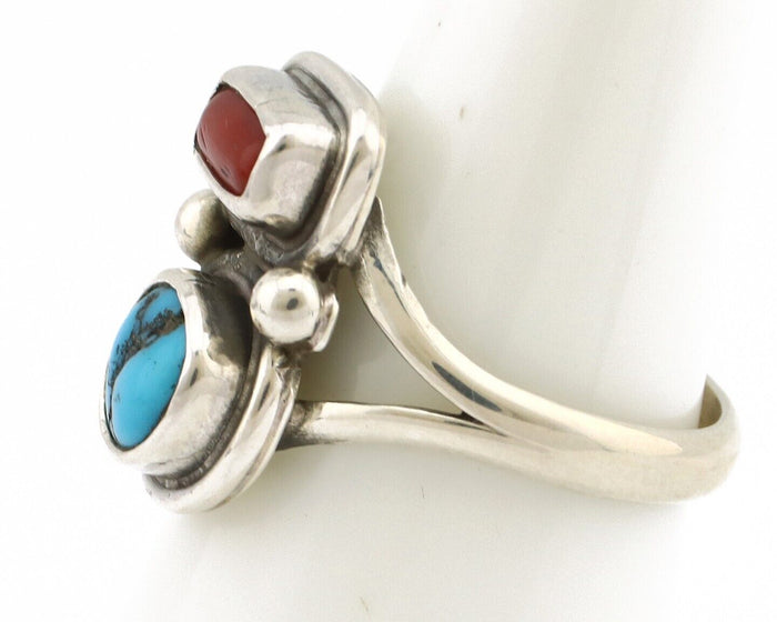 Navajo Ring 925 Silver SB Turquoise & Red Coral Native American Artist C.80s