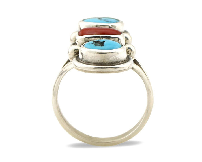 Navajo Ring 925 Silver Sleeping B Turquoise & Coral Native American Artist C.80s